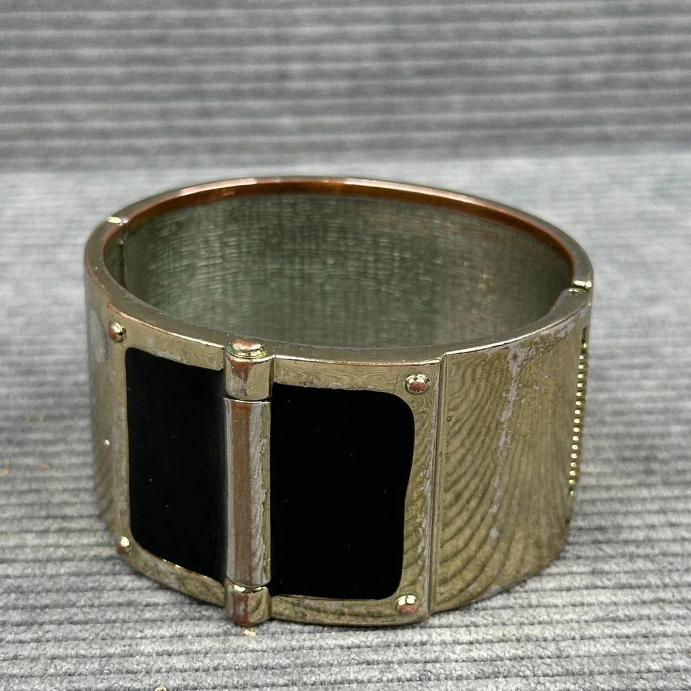 Vintage Gold Tone Black Enamel Wide Hinged Cuff Bracelet Statement Jewelry